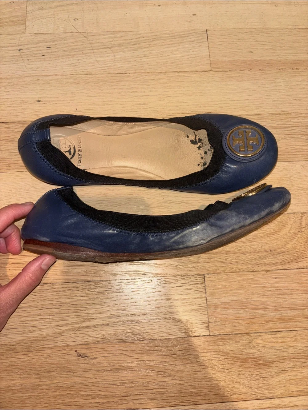 Tory Burch Navy and Black Logo Medallion Ballet Flats, Size 8